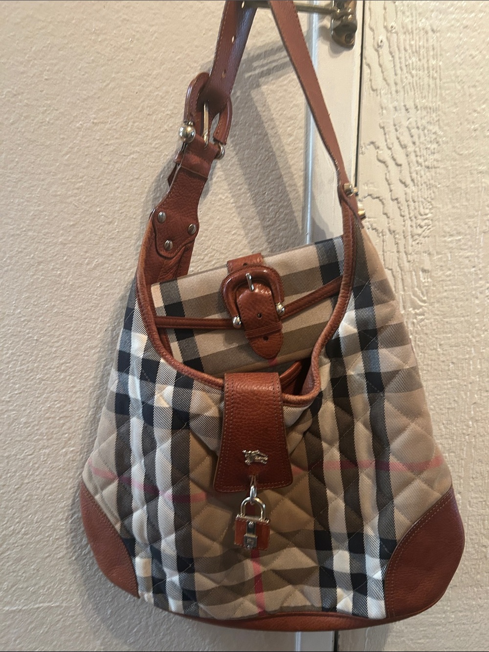 Burberry Tan Plaid Quilted Shoulder Bag with Brown Leather Trim with wallet